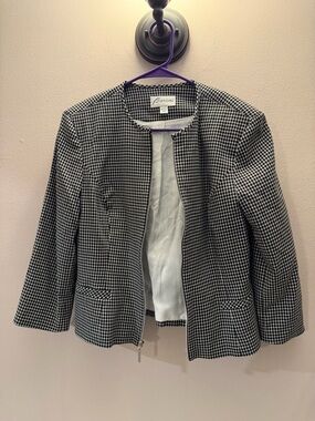 Barami Womens Black White Gingham Micro Check Zip Front Collarless Blazer S 10